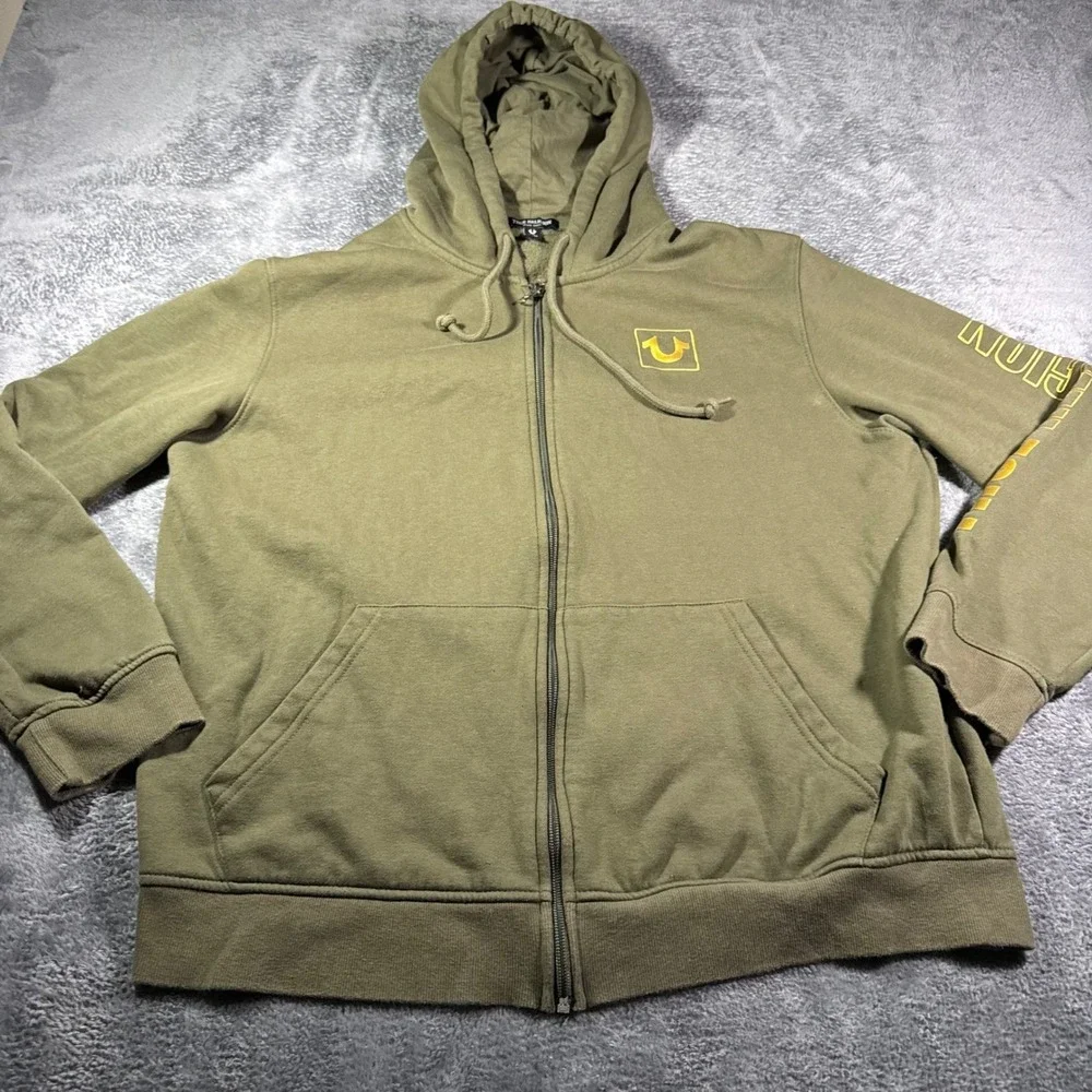 True Religion Mens Olive Green Full Zip Hoodie Gold Logo Sleeve Graphic XL